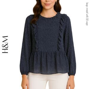 H&M Blue & White Speckled Peplum Ruffle Blouse, Size Small (6), NWT!